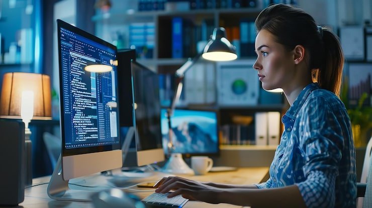 Woman coding at computer |Titanium Dash