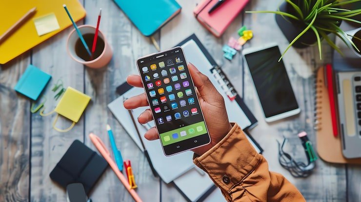 Smartphone held over desk |Titanium Dash