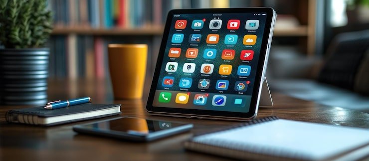 Tablet on wooden desk |Titanium Dash